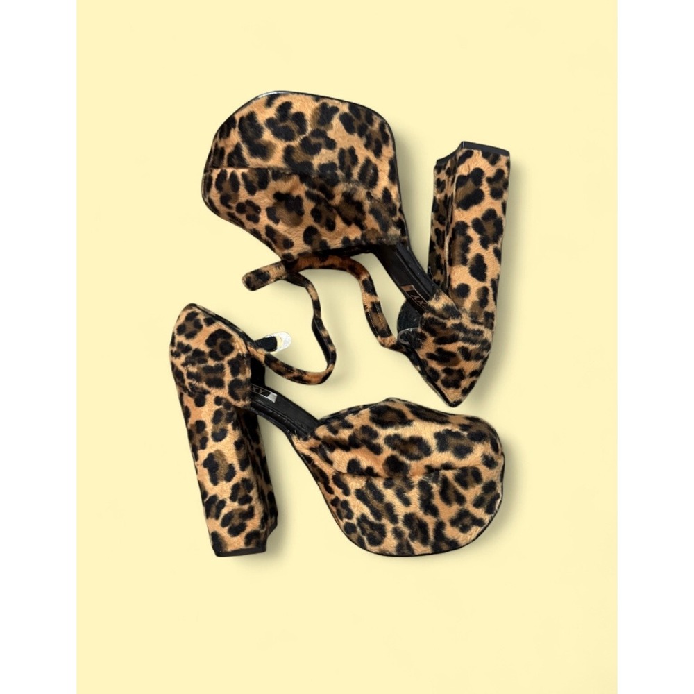 Too Sexy Leopard Print Faux Fur Platform Block Heels Ankle Strap Pumps 7.5